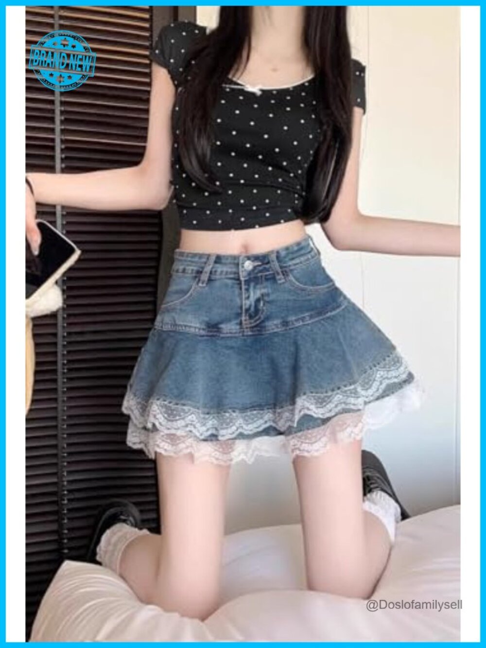 High Waist Denim Lace Mini Skirt A-Line Ruffle Y2K Kawaii Streetwear - Picture 3 of 6